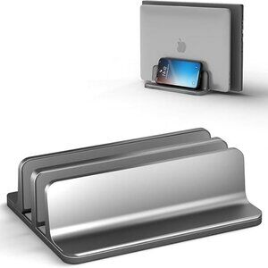 2 Slots Vertical Upright Laptop Stand Holder Heavy Duty Gray Adjustable Dock